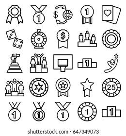 Win icons set. set of 25 win outline icons such as casino chip and money, 1 casino chip, roulette, spades, ranking, ribbon, medal, basketball basket