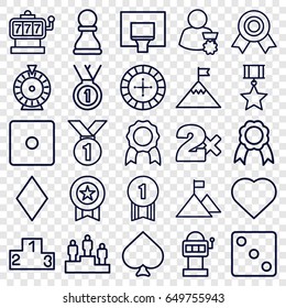 Win icons set. set of 25 win outline icons such as spades, hearts, diamonds, roulette, slot machine, dice, casino bet, ribbon, medal, basketball basket, ranking, chess pawn