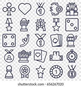 Win icons set. set of 25 win outline icons such as pllaying card, clubs, hearts, slot machine, casino chip and money, 1 casino chip, dice, roulette, spades, medal, ranking