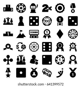 Win icons set. set of 36 win filled icons such as clubs, diamonds, casino chip and money, 1 casino chip, dice, lottery, slot machine, ranking, medal, ribbon, chess pawn, award