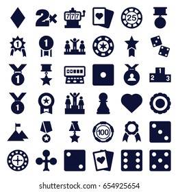 Win icons set. set of 36 win filled icons such as clubs, hearts, diamonds, roulette, slot machine, 25 casino chip, 100 casino chip, dice, spades, ranking, medal, ribbon