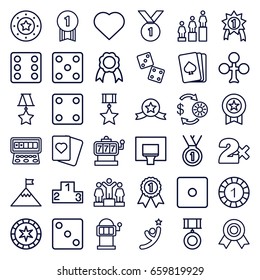 Win icons set. set of 36 win outline icons such as pllaying card, clubs, hearts, slot machine, casino chip and money, 1 casino chip, dice, spades, ranking, ribbon, medal