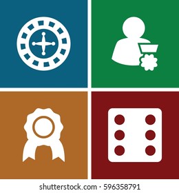 win icons set. Set of 4 win filled icons such as Roulette, Dice, man with medal