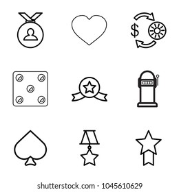 Win icons. set of 9 editable outline win icons such as spades, casino chip and money, medal, medal with star, hearts, dice