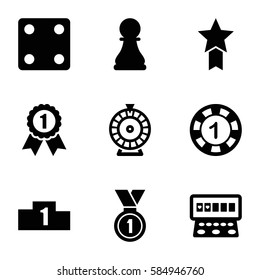 win icons set. Set of 9 win filled icons such as 1 casino chip, Dice, Roulette, Slot machine, medal, chess pawn, ranking, number 1 medal