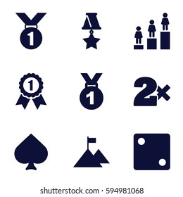 win icons set. Set of 9 win filled icons such as Spades, Dice, Casino bet, ranking, medal, flag on mountain
