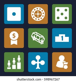 win icons set. Set of 9 win filled icons such as Clubs, Roulette, Dice, lottery, ranking, man with medal