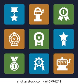 Win icons set. set of 9 win filled icons such as slot machine, roulette, medal, number 1 medal, medal with star