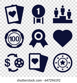 Win icons set. set of 9 win filled icons such as hearts, casino chip and money, 100 casino chip, casino chip, spades, ranking, number 1 medal, playing card
