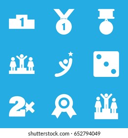Win icons set. set of 9 win filled icons such as dice, casino bet, ranking, medal, number 1 medal