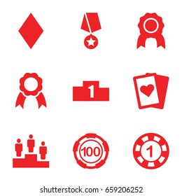 Win icons set. set of 9 win filled icons such as diamonds, 1 casino chip, 100 casino chip, ribbon, ranking, medal with star, playing card
