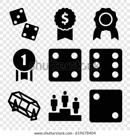 Win icons set. set of 9 win filled icons such as dice, lottery, ranking, number 1 medal, dice, medal
