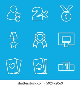 win icons set. Set of 9 win outline icons such as pllaying card, Casino bet, ribbon, medal, basketball basket, ranking, man with medal, number 1 medal