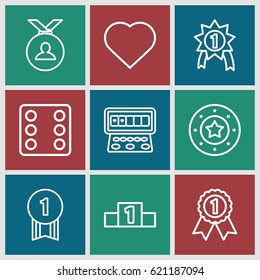 Win icons set. set of 9 win outline icons such as Hearts, Casino chip, Dice, Slot machine, medal, ranking