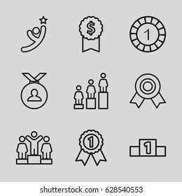 Win icons set. set of 9 win outline icons such as 1 casino chip, ranking, medal, number 1 medal, winner