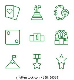 Win icons set. set of 9 win outline icons such as casino chip and money, dice, spades, ranking, man at the top of the mountain with flag, flag on mountain