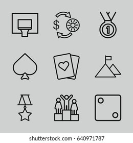 Win icons set. set of 9 win outline icons such as spades, casino chip and money, dice, medal, basketball basket, ranking, flag on mountain