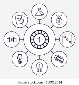 Win icons set. set of 9 win outline icons such as 1 casino chip, dice, lottery, medal, ranking, flag on mountain, number 1 medal, medal with star