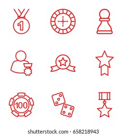 Win icons set. set of 9 win outline icons such as roulette, 100 casino chip, chess pawn, medal, man with medal, medal with star