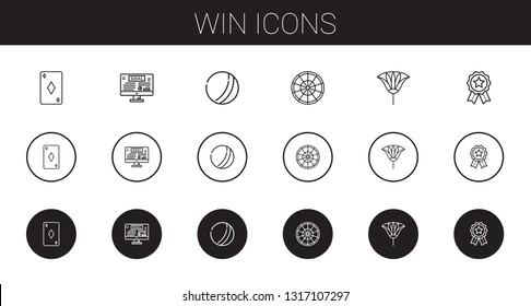 win icons set. Collection of win with ace of diamonds, goal, ball, roulette, fan, badges. Editable and scalable win icons.