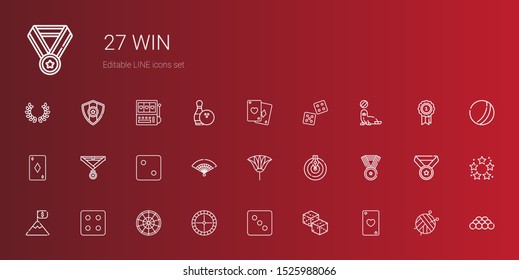 win icons set. Collection of win with ace of hearts, dices, dice, roulette, goal, medal, fan, ace of diamonds, seal, poker, ball, best, bowling. Editable and scalable win icons.