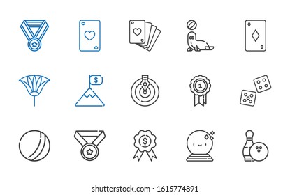 win icons set. Collection of win with bowling, ball, medal, dice, goal, fan, ace of diamonds, seal, poker, ace of hearts. Editable and scalable win icons.