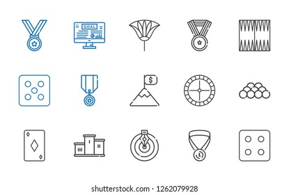 win icons set. Collection of win with dice, medal, goal, podium, ace of diamonds, ball, roulette, backgammon, fan. Editable and scalable win icons.