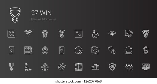 win icons set. Collection of win with medal, podium, backgammon, ball, goal, seal, dice, poker, ace of hearts, badges, slot machine, ace of diamonds. Editable and scalable win icons.