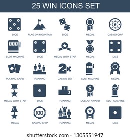 win icons. Trendy 25 win icons. Contain icons such as Dice, flag on mountain, dice, medal, Casino chip, Slot machine, medal with star, playing card. win icon for web and mobile.