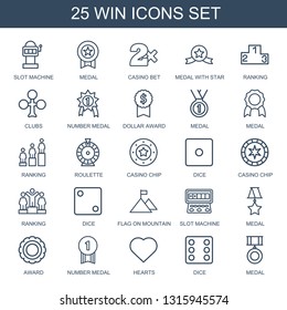 win icons. Trendy 25 win icons. Contain icons such as slot machine, medal, Casino bet, medal with star, ranking, Clubs, number medal, dollar award. win icon for web and mobile.