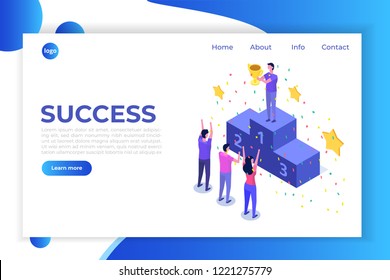 Win, Isometric Winner Business, Success And Achievement Concept With Characters.