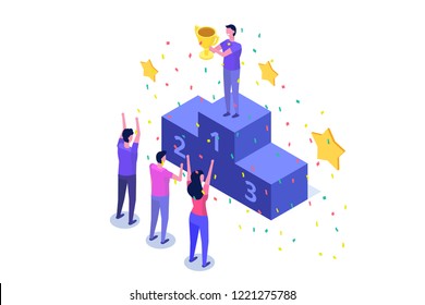 Win, Isometric Winner Business, Success And Achievement Concept With Characters.