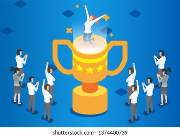 Win, Isometric winner business, success and achievement concept with characters. - Vector