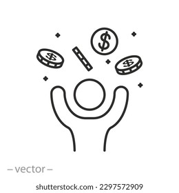 win jackpot icon, lottery winning, happy human with explosion coins, thin line symbol - editable stroke vector illustration