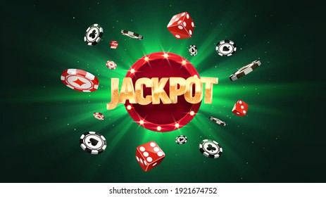 Win jackpot online  casino leisure games vector illustration. Winning in gamble game. Chips and dice falling on green sun burst background