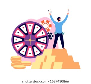 Ganar premio mayor. Hombre afortunado ganador del casino con monedas de oro. Hombre jugando lotería, ilustración vectorial del juego
