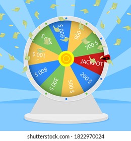 Win jackpot in wheel. Lucky game gambling, prize win in roulette, casino jackpot entertainment, vector lucky spin and illustration jackpot prize