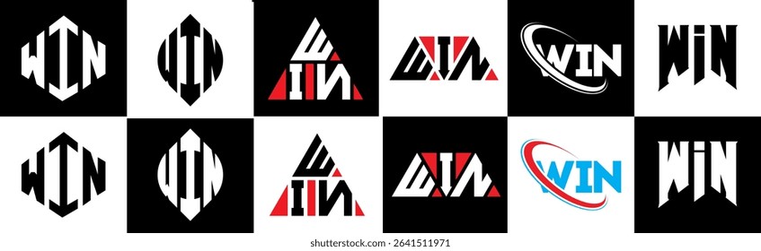 WIN letter logo design in six style. WIN polygon, circle, triangle, hexagon, flat and simple style with black and white color variation letter logo set in one artboard. WIN minimalist and classic logo