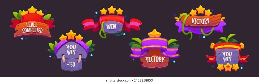 Win and level up badges for mobile game ui design. Cartoon vector illustration of medieval stone and wood labels with victory sign, ribbon and star rating. Cute popup borders for winner congratulation