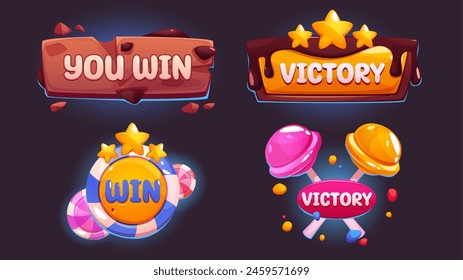 Botón de diseño de ui de juego de nivel de ganancia para la interfaz. Dulce elemento de caramelo para la insignia de la victoria y el kit de menú gráfico móvil de puntuación de estrellas. Lollipop Anuncio para candyland fantasy popup box. Icono de App de postre de azúcar