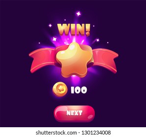 Win, Level-Up-Objekt-Vektorelement. Win-Sterne-Pop-Up. Das Symbol für das Screenshot-Spiel auf Stufe oben. GUI für Vektorschnittstelle, Handy- oder Webspiel 