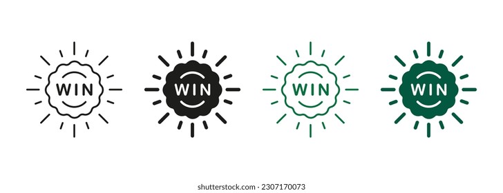 Win Line and Silhouette Icon Set. Trophy for Roulette Victory, Gamble Game Prize. Casino Winner Sign. Poker Award. Achievement in Gambling, Jackpot Symbol Collection. Isolated Vector Illustration.