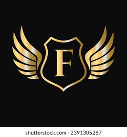 Win Logo On Letter F With Shield Symbol. Transportation Logotype