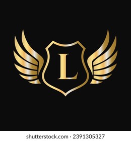 Win Logo On Letter L With Shield Symbol. Transportation Logotype