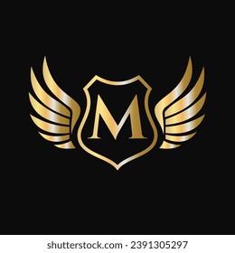 Win Logo On Letter M With Shield Symbol. Transportation Logotype