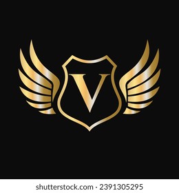 Win Logo On Letter V With Shield Symbol. Transportation Logotype