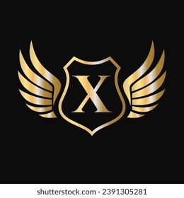 Win Logo On Letter X With Shield Symbol. Transportation Logotype