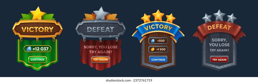 Win and lose game user interface badges. Cartoon vector set of victory and defeat labels with ribbon and stars. Gui design of task result panel of successful and failed level or task achievement.