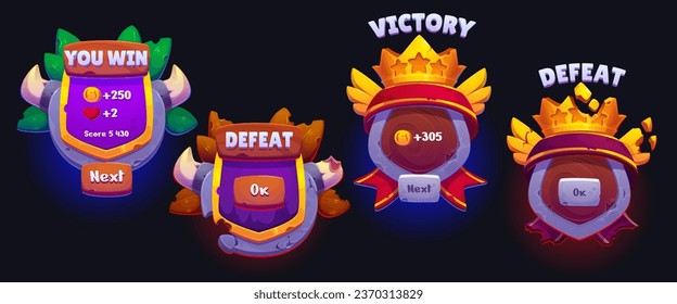 Win and lose ui game interface score board button. Victory screen frame cartoon design with horn or crown. Gui user element set for bonus label or defeat result. Wooden mobile casino menu bar