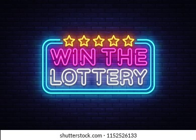 Win the Lottery neon text vector design template. Lotto symbols neon logo, light banner design element colorful modern design trend, night bright advertising, bright sign. Vector illustration